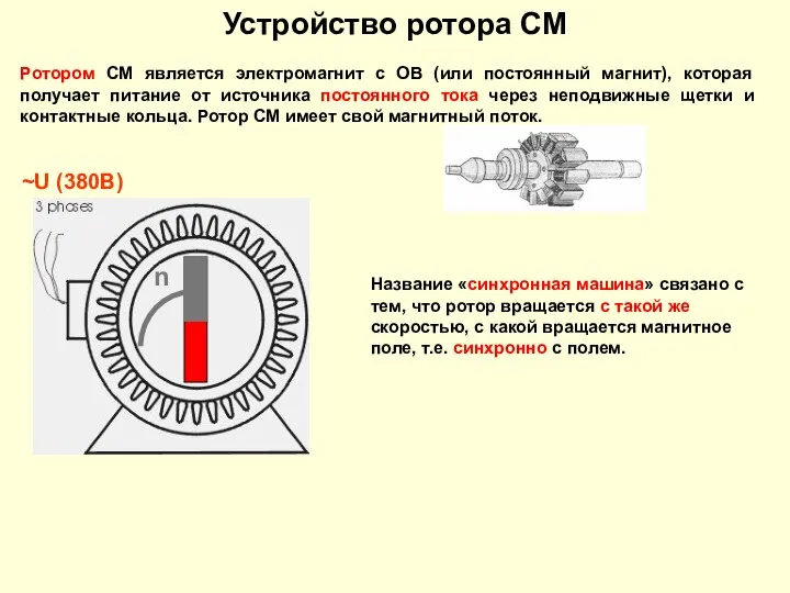 Устройство ротора СМ Ротором СМ является электромагнит с ОВ (или постоянный магнит),