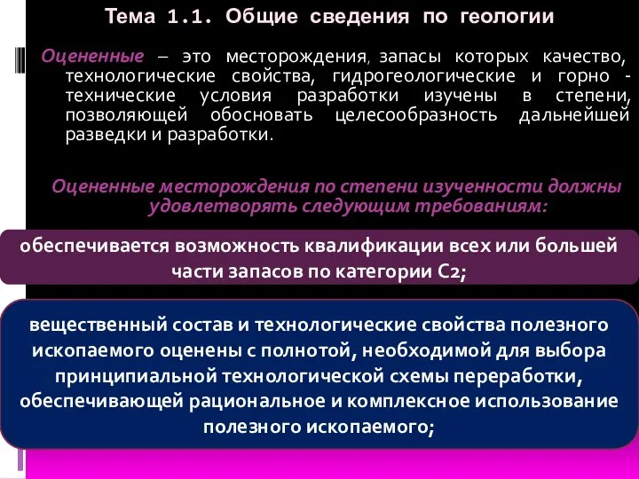 Тема 1.1. Общие сведения по геологии Оцененные – это месторождения, запасы которых