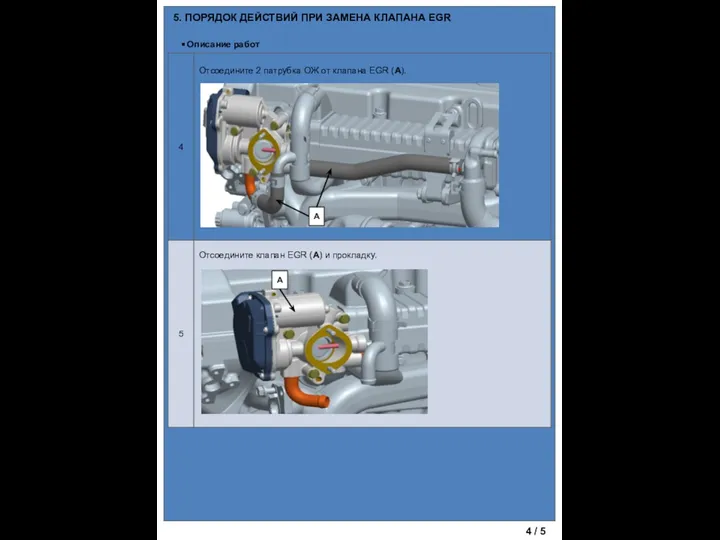 5. ПОРЯДОК ДЕЙСТВИЙ ПРИ ЗАМЕНА КЛАПАНА EGR Описание работ Отсоедините клапан EGR
