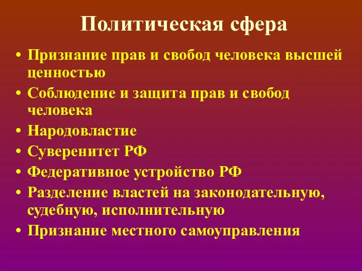 Политическая сфера Признание прав и свобод человека высшей ценностью Соблюдение и защита