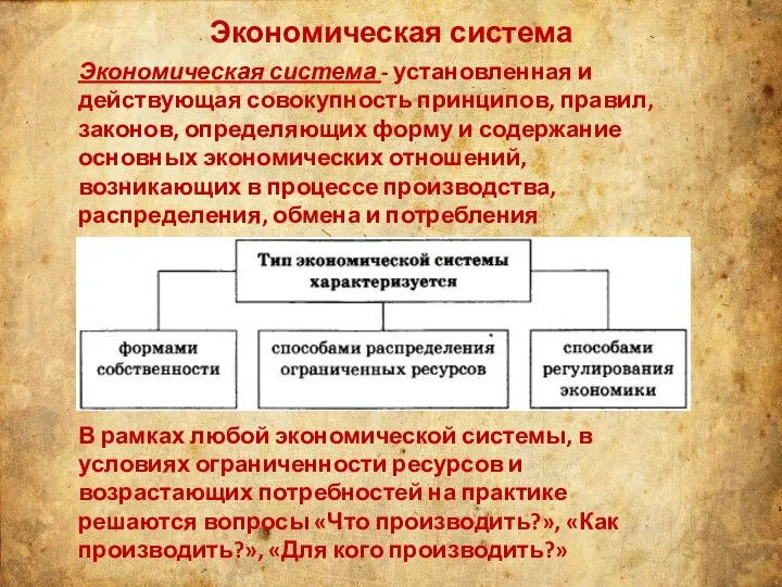 Экономическая система Экономическая система - установленная и действующая совокупность принципов, правил, законов,