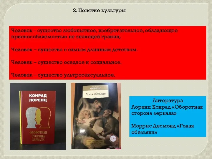 2. Понятие культуры Человек - существо любопытное, изобретательное, обладающее приспособляемостью не знающей