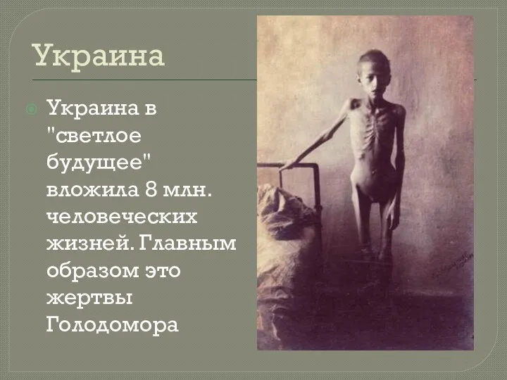 Украина Украина в "светлое будущее" вложила 8 млн. человеческих жизней. Главным образом это жертвы Голодомора