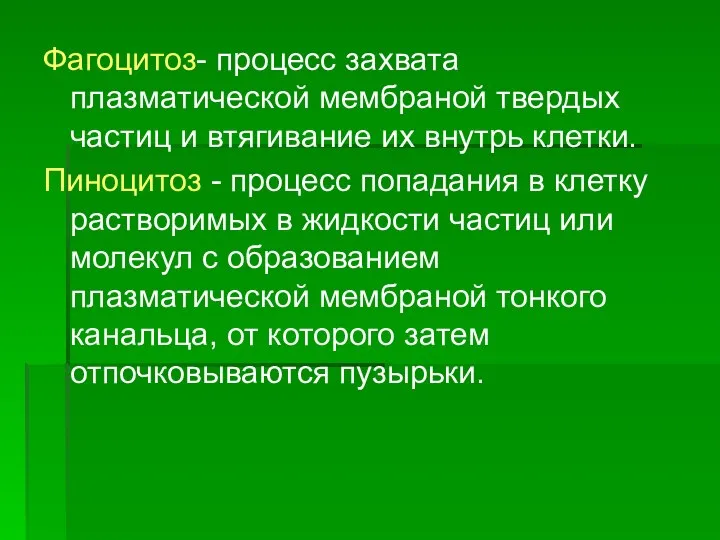 Фагоцитоз- процесс захвата плазматической мембраной твердых частиц и втягивание их внутрь клетки.