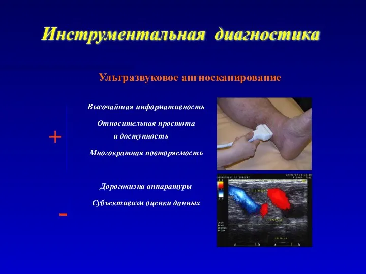 Инструментальная диагностика Ультразвуковое ангиосканирование + - Высочайшая информативность Относительная простота и доступность