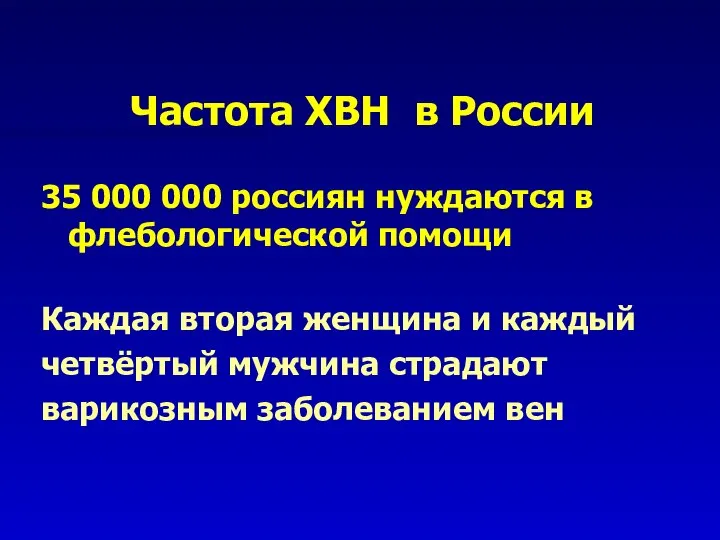 Частота ХВН в России 35 000 000 россиян нуждаются в флебологической помощи