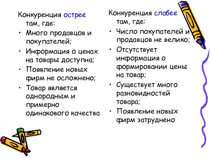 Конкуренция острее там, где: Много продавцов и покупателей; Информация о ценах на