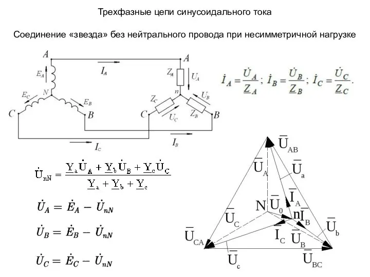 Трехфазные цепи синусоидального тока Соединение «звезда» без нейтрального провода при несимметричной нагрузке