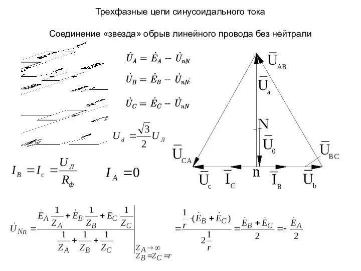 Трехфазные цепи синусоидального тока Соединение «звезда» обрыв линейного провода без нейтрали