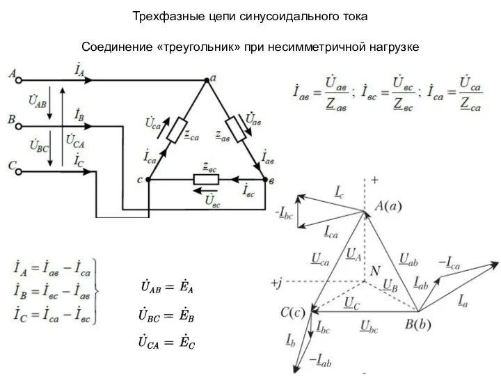 Трехфазные цепи синусоидального тока Соединение «треугольник» при несимметричной нагрузке