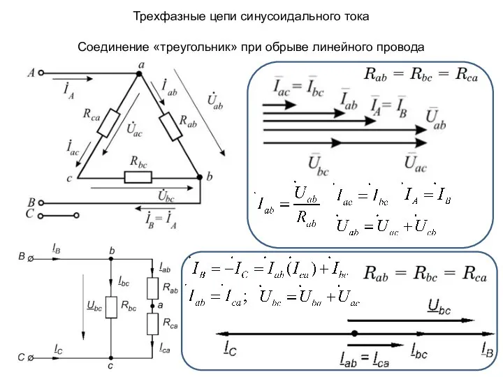 Трехфазные цепи синусоидального тока Соединение «треугольник» при обрыве линейного провода