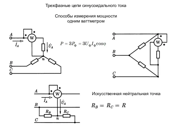 Трехфазные цепи синусоидального тока Способы измерения мощности одним ваттметром Искусственная нейтральная точка