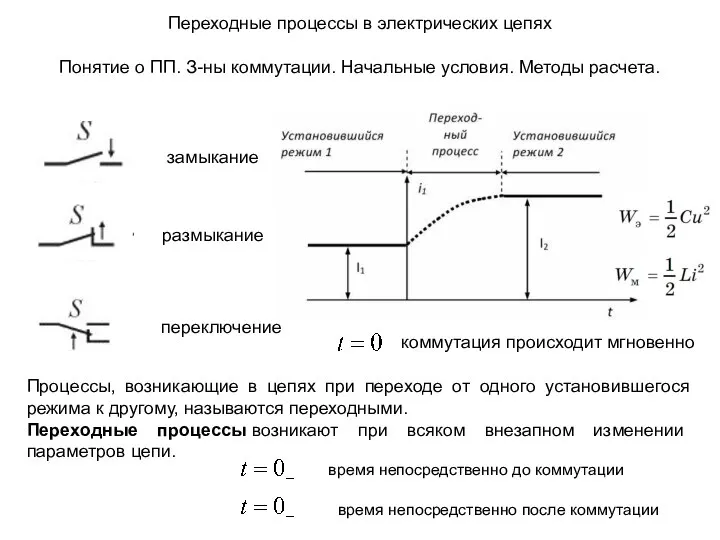 Переходные процессы в электрических цепях Понятие о ПП. З-ны коммутации. Начальные условия.