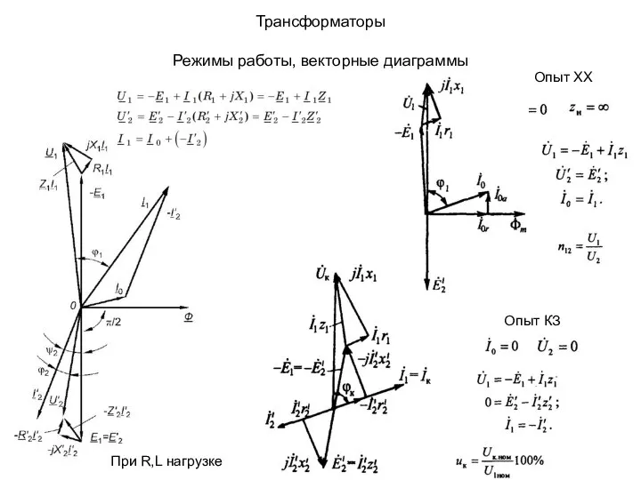 Трансформаторы Режимы работы, векторные диаграммы При R,L нагрузке Опыт ХХ Опыт КЗ