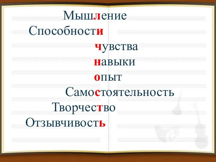 Мышление Способности чувства навыки опыт Самостоятельность Творчество Отзывчивость