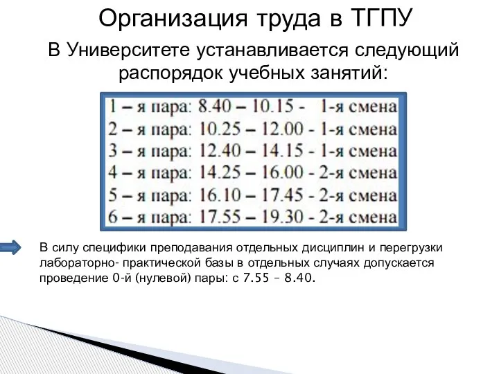 Организация труда в ТГПУ В Университете устанавливается следующий распорядок учебных занятий: В