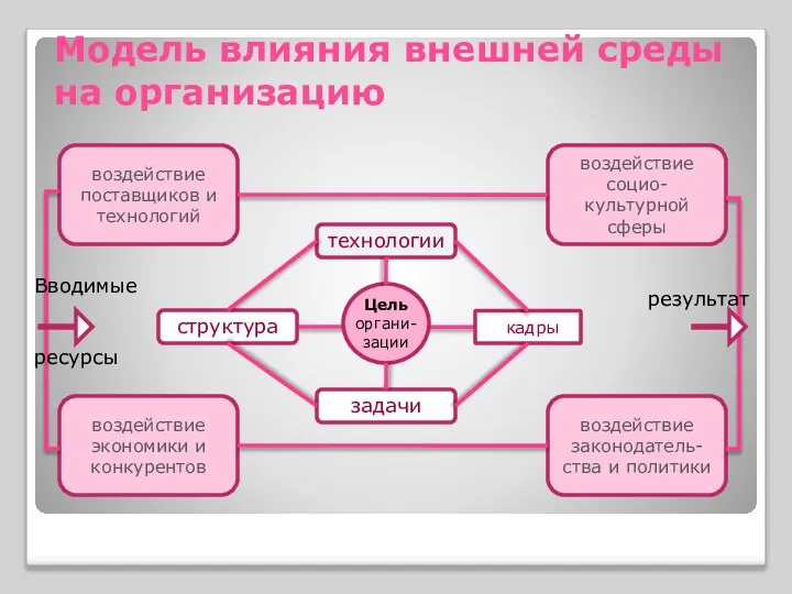 Модель влияния внешней среды на организацию Цель органи- зации технологии кадры структура