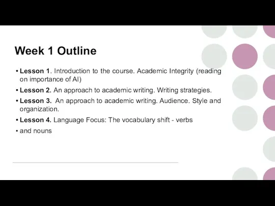 Week 1 Outline Lesson 1. Introduction to the course. Academic Integrity (reading