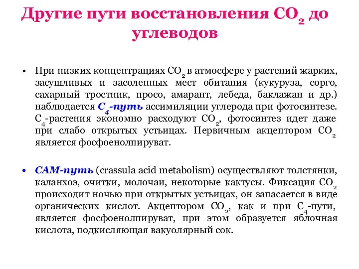 Другие пути восстановления СО2 до углеводов При низких концентрациях СО2 в атмосфере