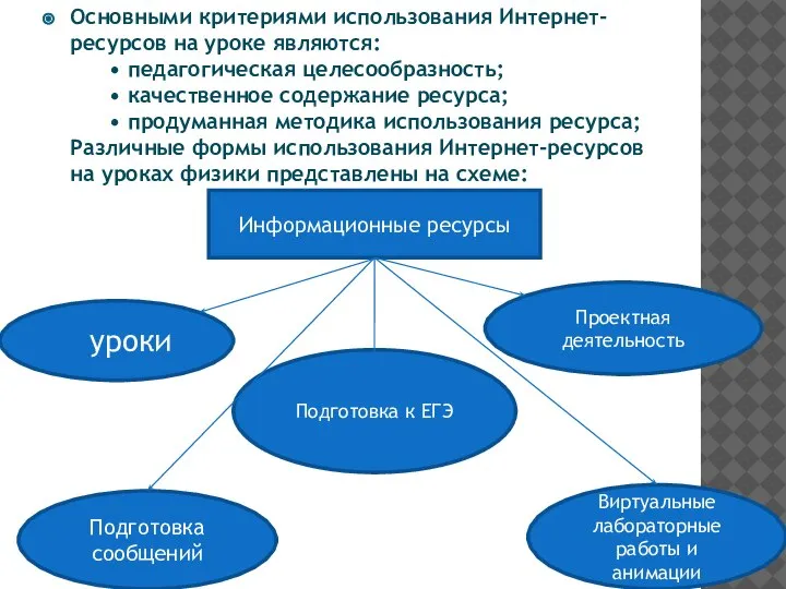 Основными критериями использования Интернет-ресурсов на уроке являются: • педагогическая целесообразность; • качественное