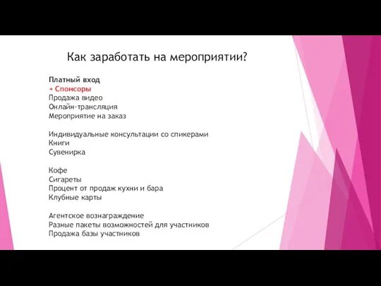 Платный вход + Спонсоры Продажа видео Онлайн-трансляция Мероприятие на заказ ​ Индивидуальные