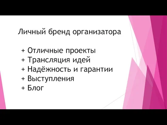 Личный бренд организатора + Отличные проекты + Трансляция идей + Надёжность и