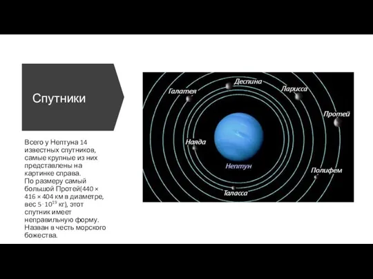 Спутники Всего у Нептуна 14 известных спутников, самые крупные из них представлены