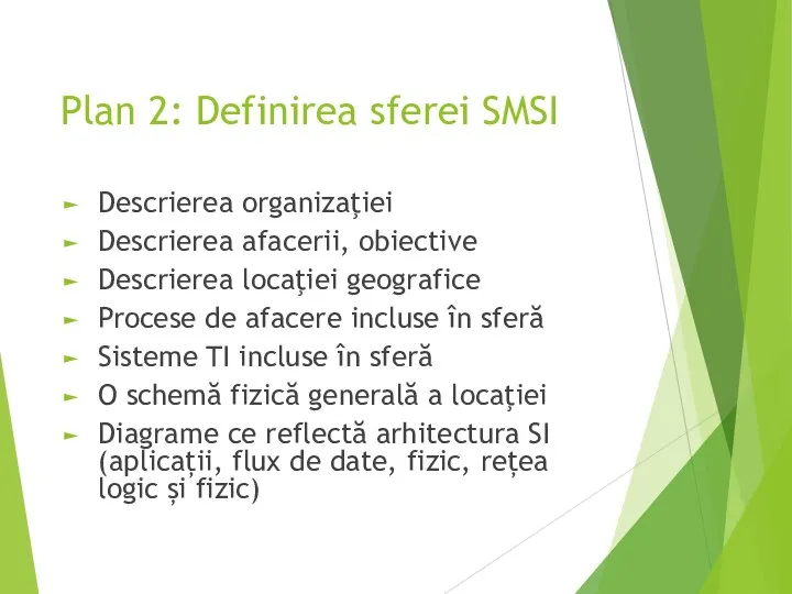 Plan 2: Definirea sferei SMSI Descrierea organizaţiei Descrierea afacerii, obiective Descrierea locaţiei