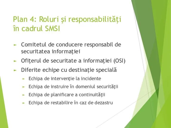 Plan 4: Roluri şi responsabilităţi în cadrul SMSI Comitetul de conducere responsabil