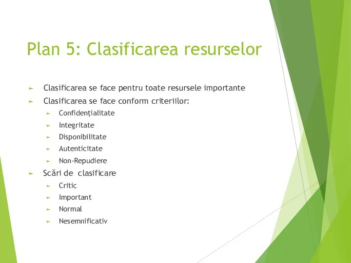 Plan 5: Clasificarea resurselor Clasificarea se face pentru toate resursele importante Clasificarea