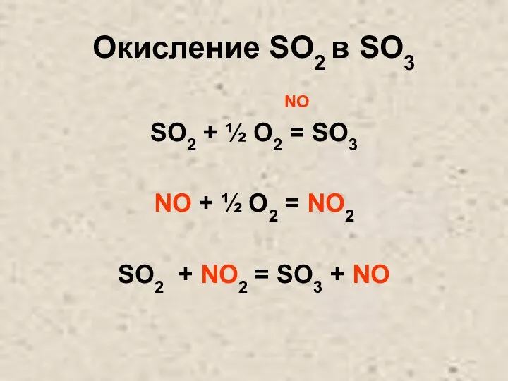 Окисление SO2 в SO3 NO SO2 + ½ O2 = SO3 NO