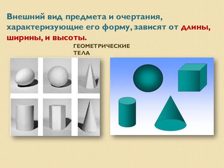 ГЕОМЕТРИЧЕСКИЕ ТЕЛА Внешний вид предмета и очертания, характеризующие его форму, зависят от длины, ширины, и высоты.