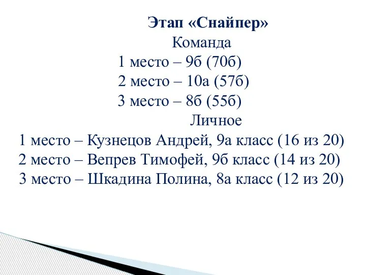 Этап «Снайпер» Команда 1 место – 9б (70б) 2 место – 10а