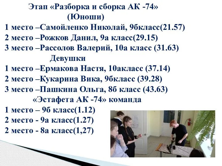 Этап «Разборка и сборка АК -74» (Юноши) 1 место –Самойленко Николай, 9бкласс(21.57)