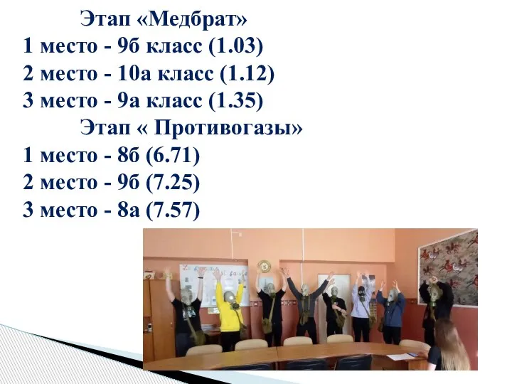 Этап «Медбрат» 1 место - 9б класс (1.03) 2 место - 10а