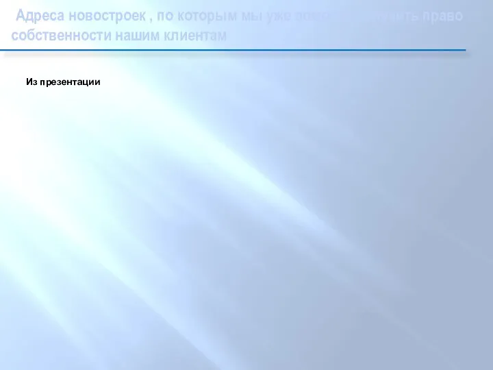 Адреса новостроек , по которым мы уже помогли получить право собственности нашим клиентам Из презентации