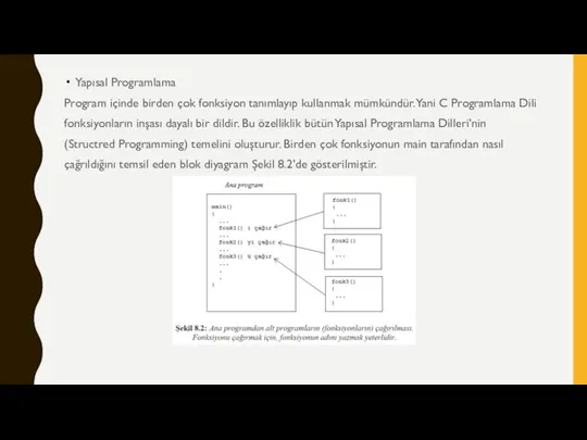 Yapısal Programlama Program içinde birden çok fonksiyon tanımlayıp kullanmak mümkündür. Yani C