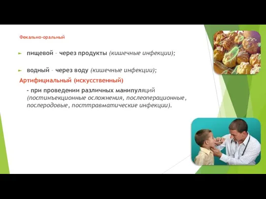 Фекально-оральный пищевой – через продукты (кишечные инфекции); водный – через воду (кишечные