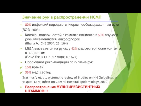 Значение рук в распространении ИСМП 80% инфекций передаются через необеззараженные руки (ВОЗ,