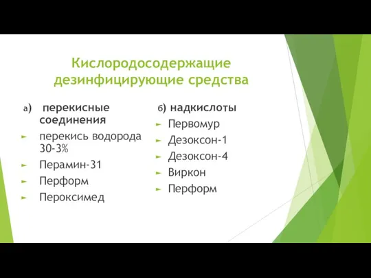 Кислородосодержащие дезинфицирующие средства а) перекисные соединения перекись водорода 30-3% Перамин-31 Перформ Пероксимед