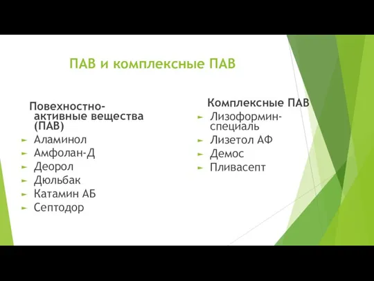 ПАВ и комплексные ПАВ Повехностно-активные вещества (ПАВ) Аламинол Амфолан-Д Деорол Дюльбак Катамин