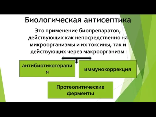 Биологическая антисептика Это применение биопрепаратов, действующих как непосредственно на микроорганизмы и их