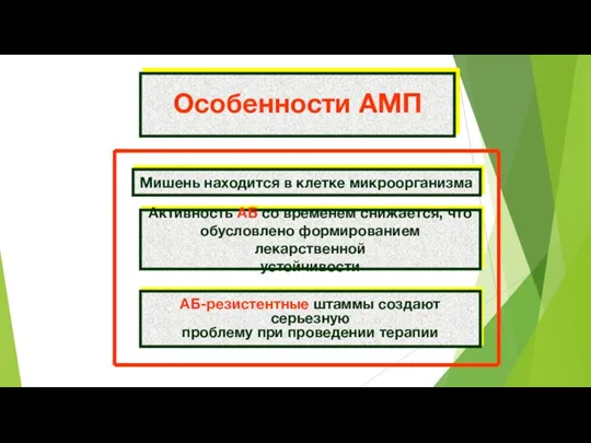 Особенности АМП Мишень находится в клетке микроорганизма Активность АБ со временем снижается,