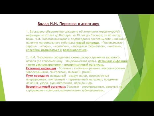 Вклад Н.И. Пирогова в асептику: 1. Высказано объективное суждение об этиологии хирургической