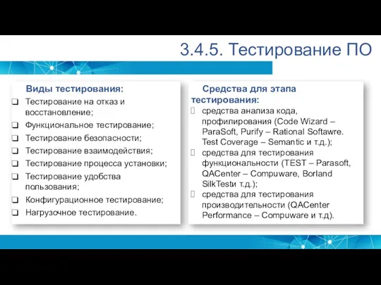 3.4.5. Тестирование ПО Виды тестирования: Тестирование на отказ и восстановление; Функциональное тестирование;