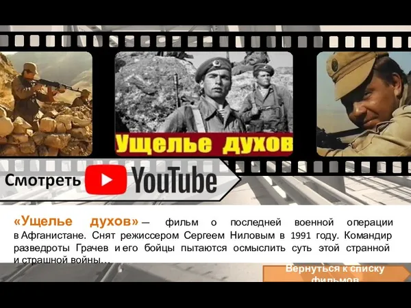 «Ущелье духов» — фильм о последней военной операции в Афганистане. Снят режиссером