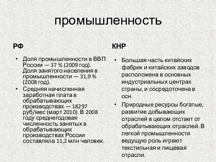 промышленность РФ Большая часть китайских фабрик и китайских заводов расположена в основных