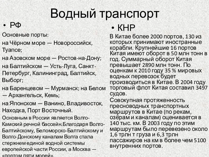 Водный транспорт РФ Основные порты: на Чёрном море — Новороссийск, Туапсе; на