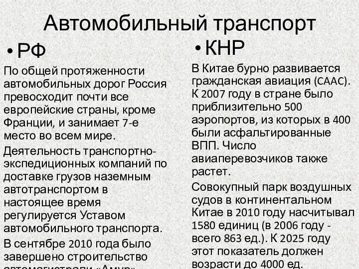 Автомобильный транспорт РФ По общей протяженности автомобильных дорог Россия превосходит почти все