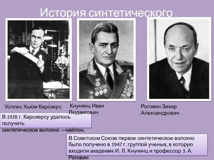 История синтетического волокна В 1928 г. Карозерсу удалось получить синтетическое волокно —найлон.